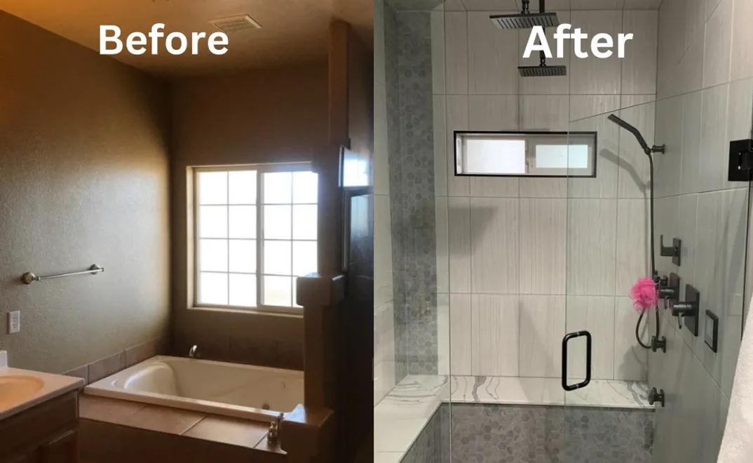 Bathroom renovation before and after with modern shower
