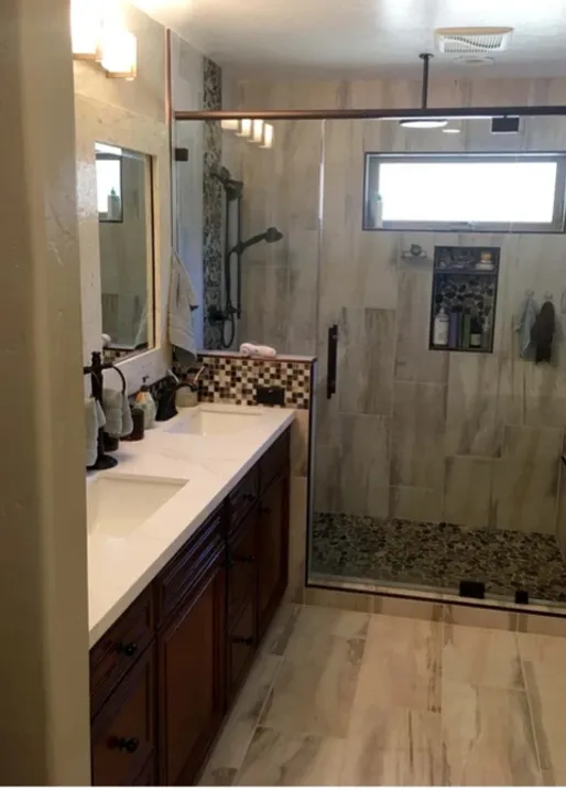 Contemporary bathroom with wood-look tile and custom vanity