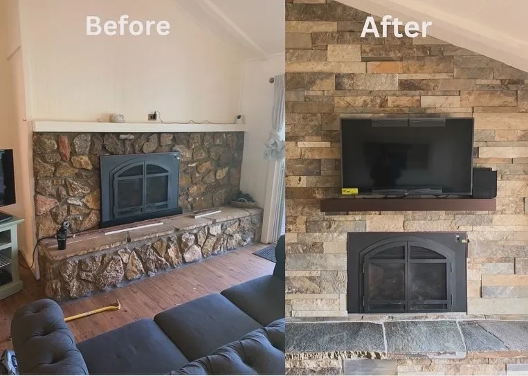 Fireplace remodel before and after with stacked stone